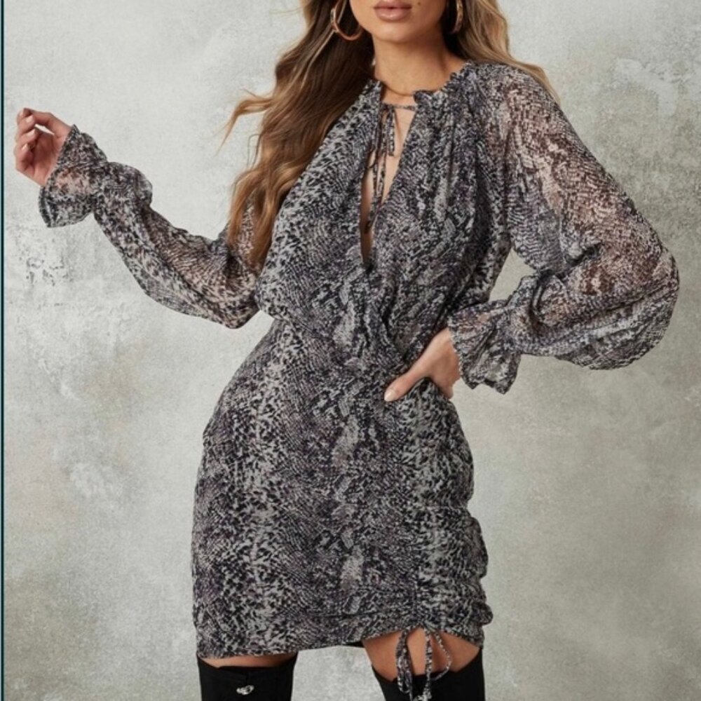 Missguided NEW Snake Print Dress Ruffle Faux Wrap Lined Drawcor Sexy V Neck Zip